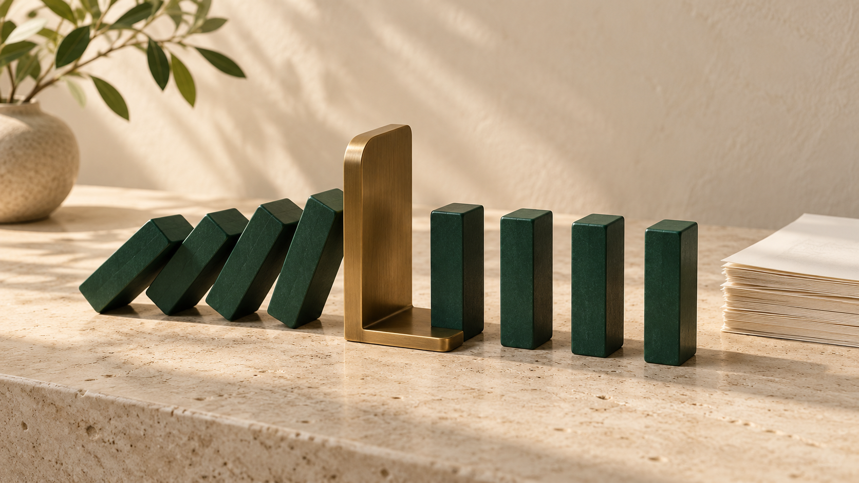 A brass barrier stops falling green dominoes, leaving the remaining blocks upright beside a stack of papers.